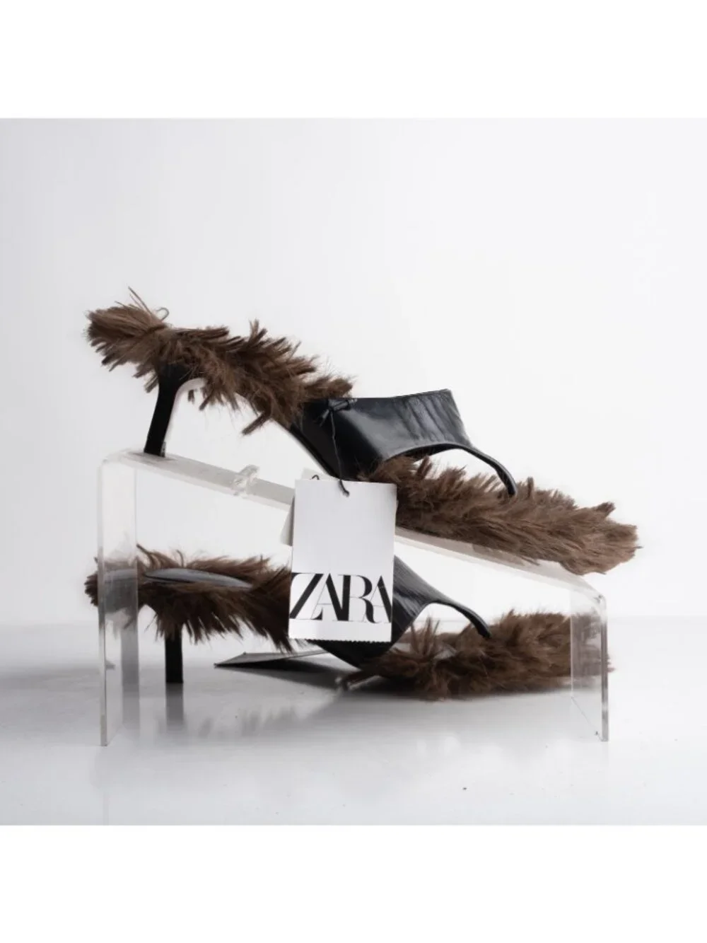 Zara Womens Leather Faux Fur sandals Thong Mule Heels Brown US 6.5 EU 37 NWD - Picture 7 of 8